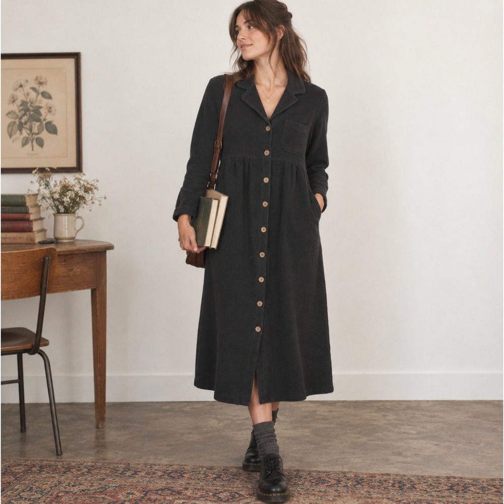 Vintage 90s Black Cotton Heavy Knit Midi Shirtdress Button Front Large Teacher